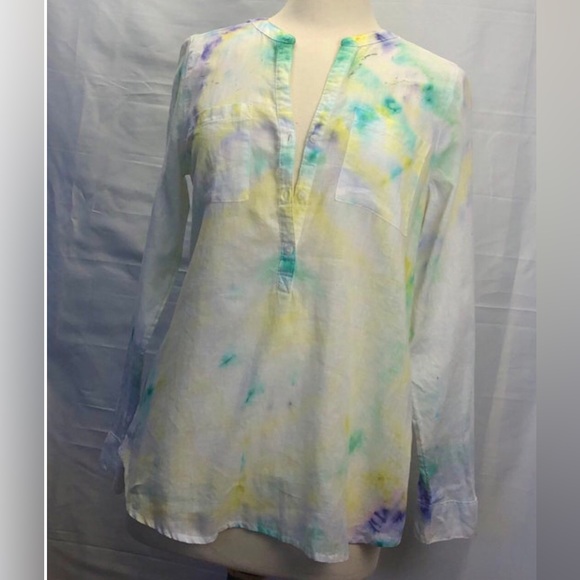 Up-cycled Tie-dye water color effect Med Blouse blue yellow - Picture 2 of 7